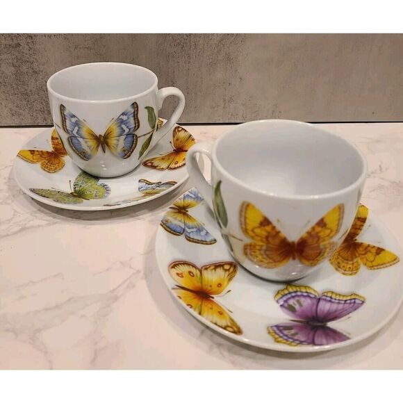 Neiman Marcus set (2) Butterfly Tea Cups saucers 8 oz | 3"H Porcelain Coffee - Picture 4 of 11